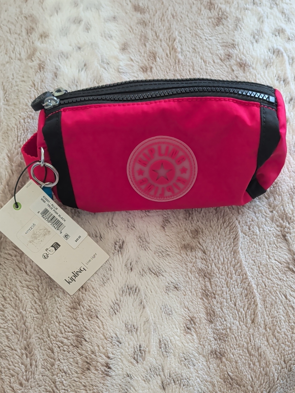Kipling Bright Pink Nylon Zip Pouch with Black Trim